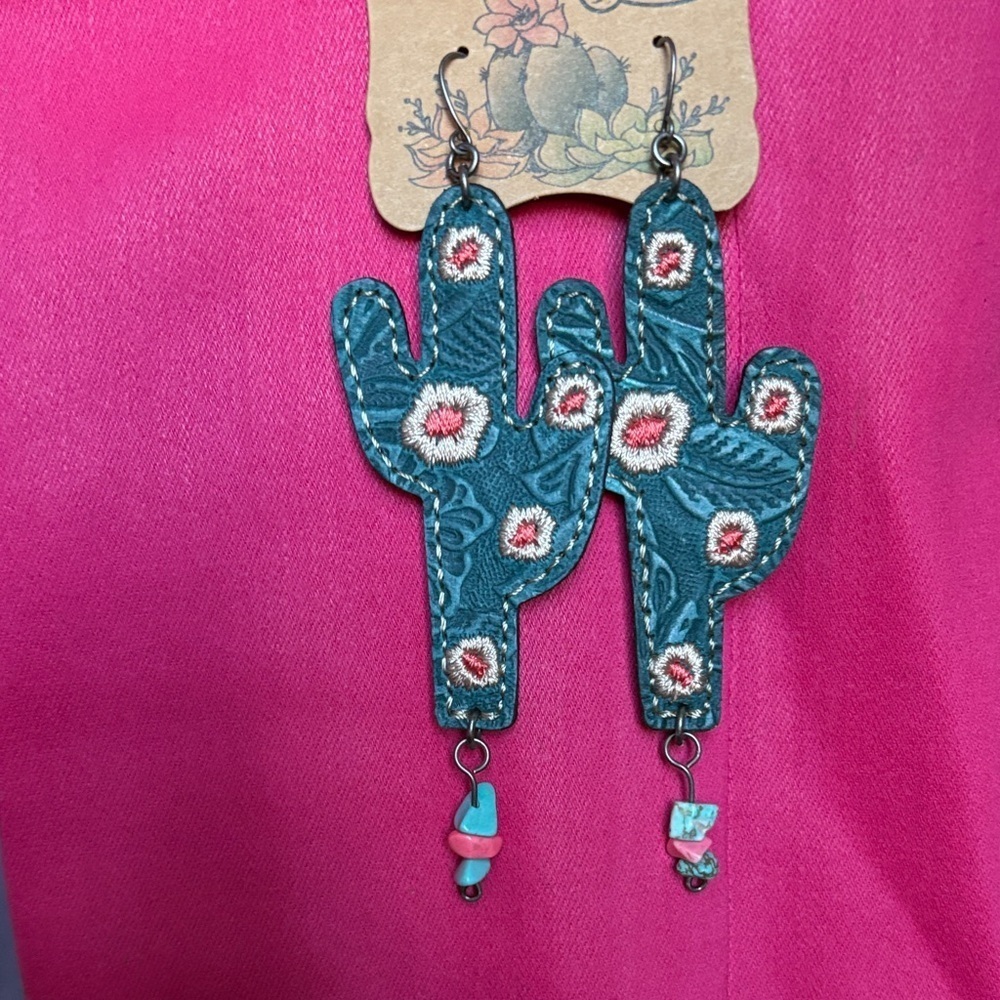 Justin Boots Teal and Pink Cactus Earrings